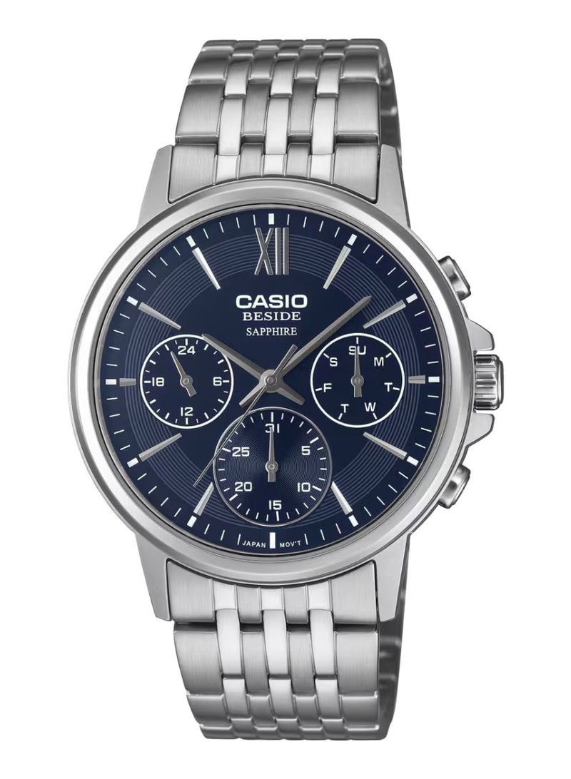 Beside Analog Men's Watch BMS-300D-2AVDF, 46mm Blue Dial, Silver Stainless Case & Strap, 50 m WR